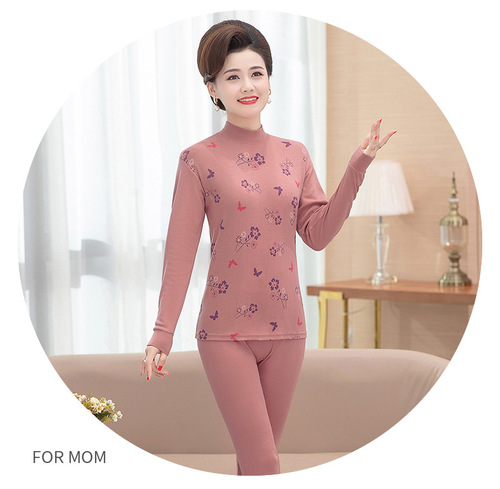Middle-aged and elderly pure cotton autumn clothes and long johns set for women, thermal underwear set for middle-aged and elderly mothers, pure cotton sweater