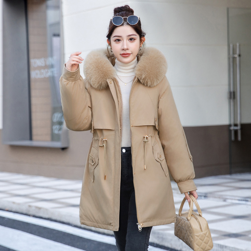 Cuello de cabello para superar la chaqueta de algodón de invierno femenino con lana y chaqueta de algodón gruesa, chaqueta de algodón media y larga