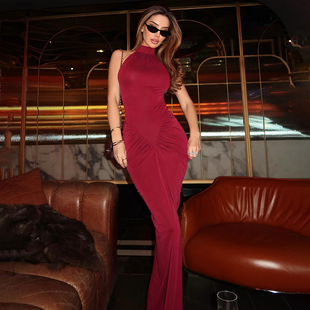 Q25DS104 European and American Style Women's Summer New Solid Color Sleeveless Pleated Design Sexy Slim Fit Pure Desire Style Long Dress