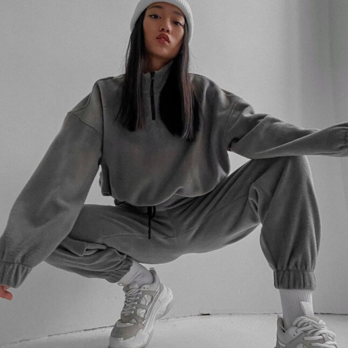 Women's Fashion Two Piece Set 2024 Spring and Autumn New Casual Loose Zipper Standing Collar Sweater_voghion.com