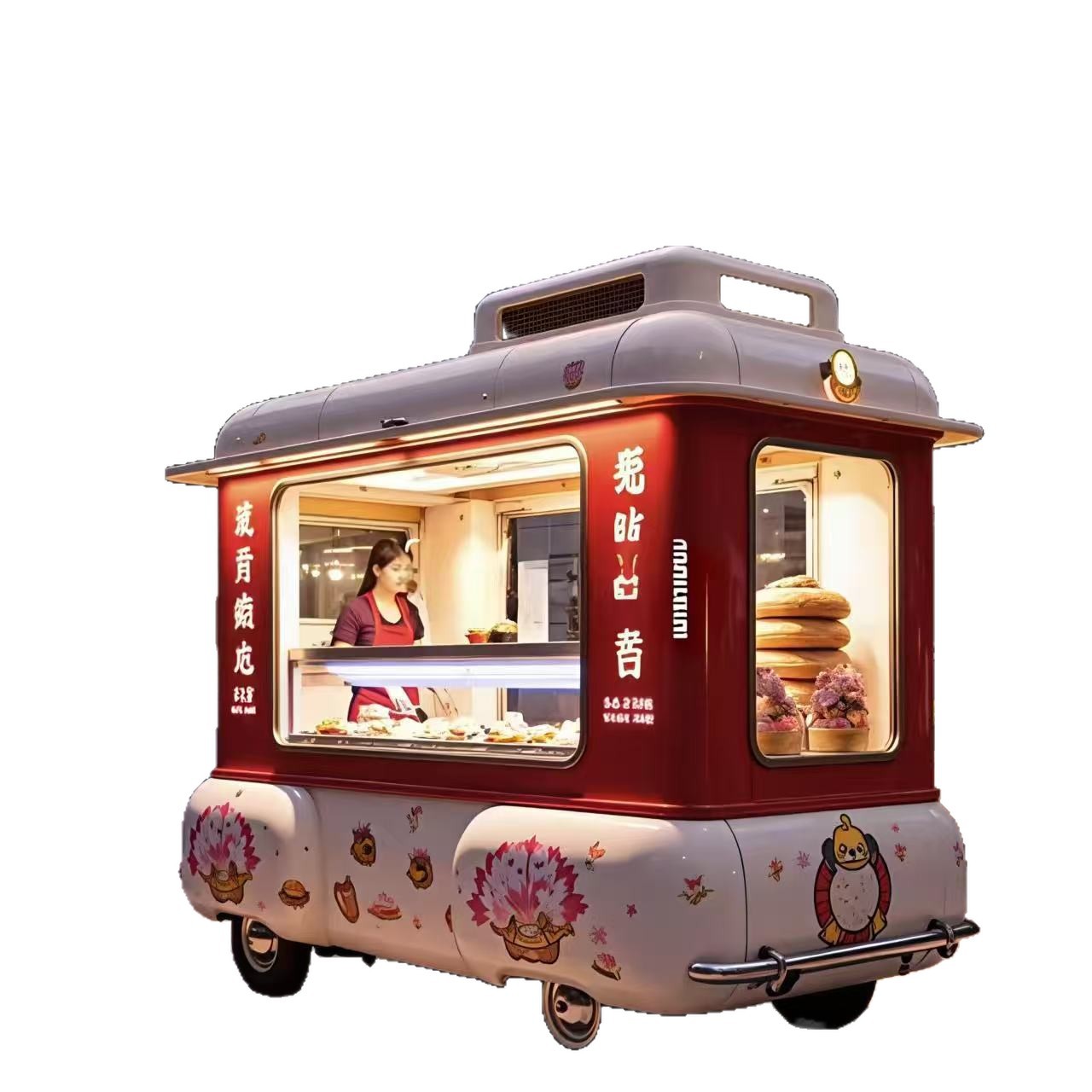 Vehículo de comedor popular en línea, restaurante de comida rápida, punto escénico multifuncional, carro de cabina móvil, café, té con leche, carro eléctrico de bocadillos de cuatro ruedas.