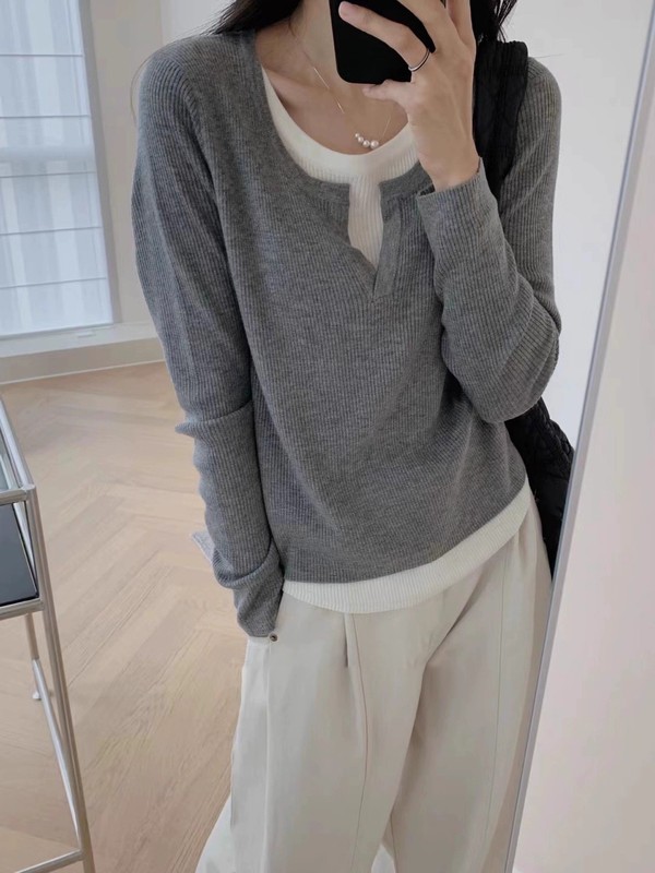 黑色假两件长袖T恤女春秋不规则拼接修身显瘦内搭针织打底衫上衣|undefined