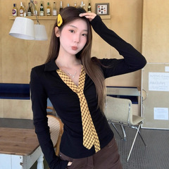 韩系黑色巨好看内搭打底衫女秋季修身格纹系带polo领长袖T恤上衣