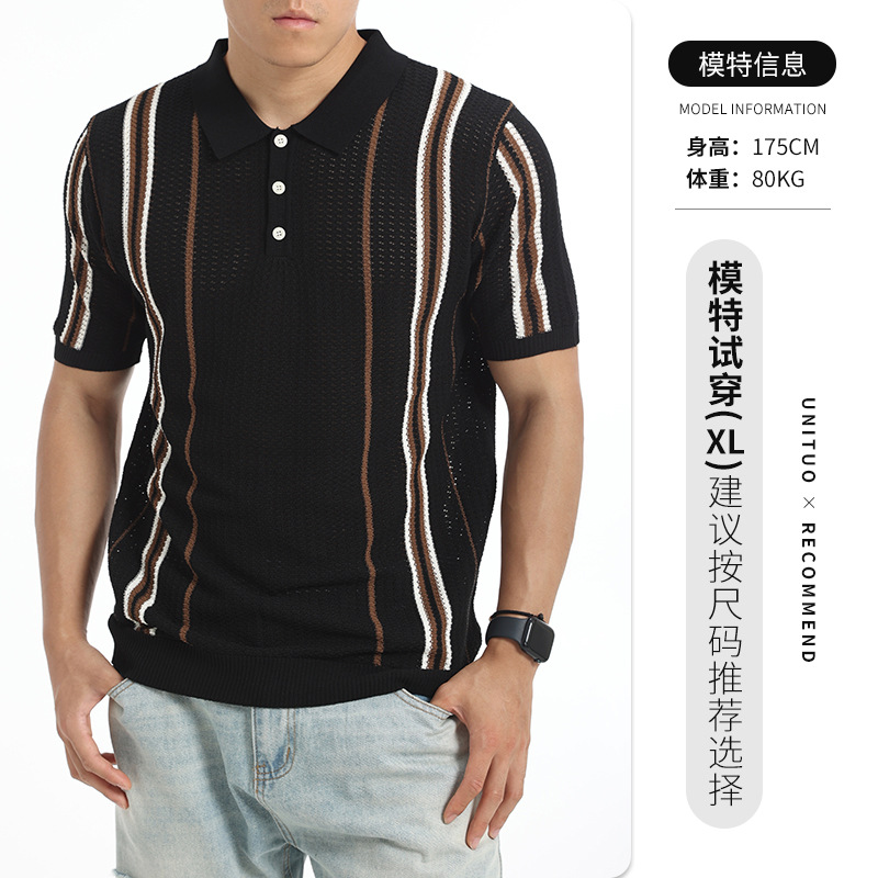 Vintage americano para hombres con rayas contrastantes de punto polo de hielo para hombres lujo ligero camiseta de lujo de alto nivel para hombres