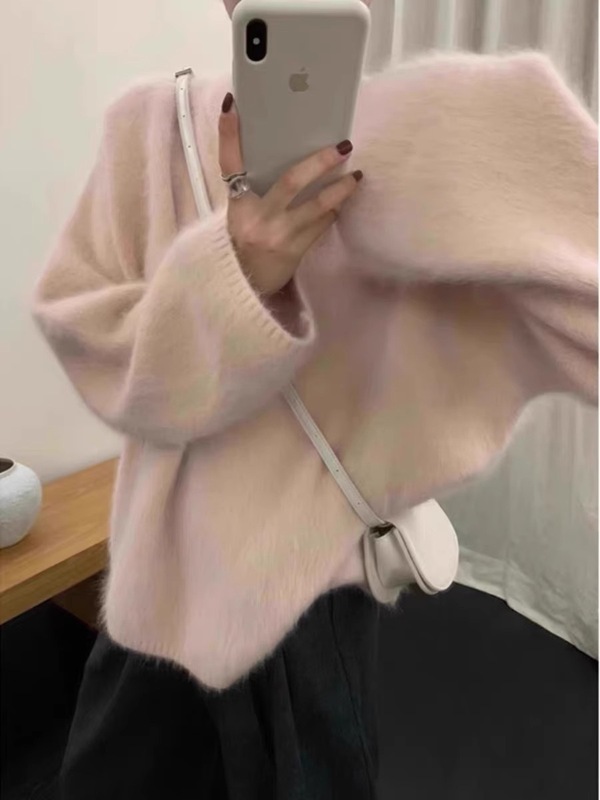 软糯奶紫色水貂绒套头毛衣女秋冬外穿宽松慵懒毛茸茸针织上衣|undefined