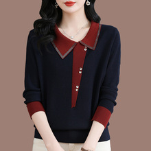 高档桑蚕丝针织衫女春秋新款妈妈装时尚大码翻领上衣洋气长袖t恤