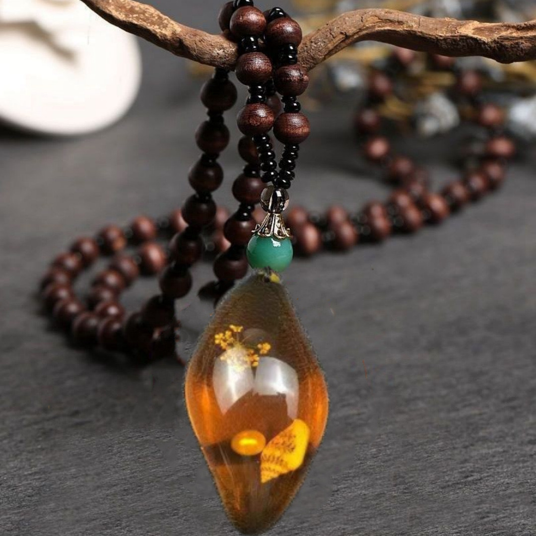 Wooden beads fossil amber necklace-rhombus