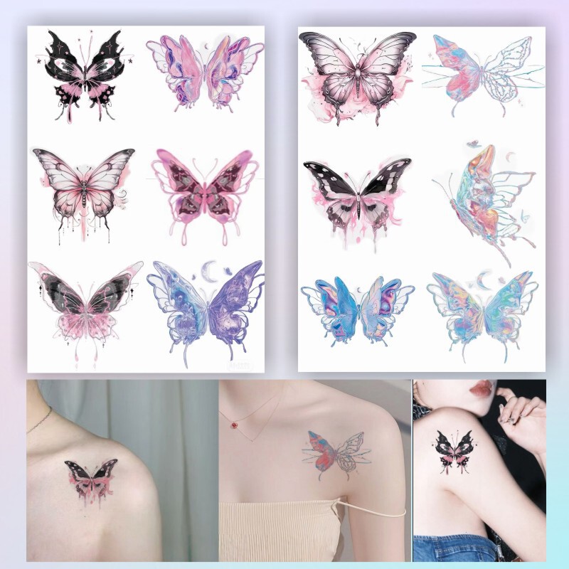 Gradient Splash-Ink Butterfly Tattoo Stickers, Popular on Instagram, Dark Style Pink-Purple Waterproof Long-Lasting Non-Fading Tattoo Stickers
