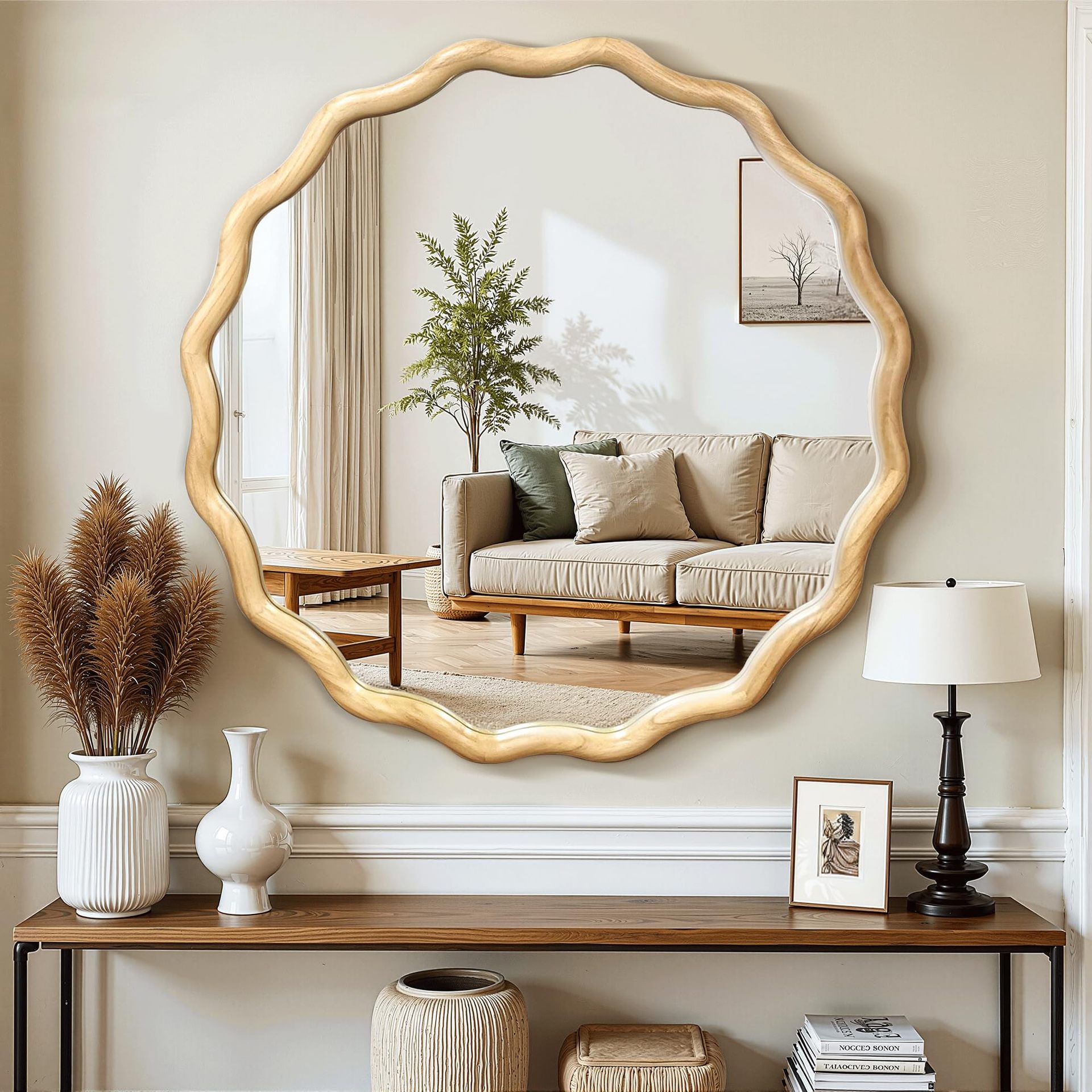 French-Style Bathroom Mirror, Round Wall-Mounted Home Bathroom Smart Vanity Mirror, Internet-Famous Bedroom Wall-Mounted Makeup Mirror