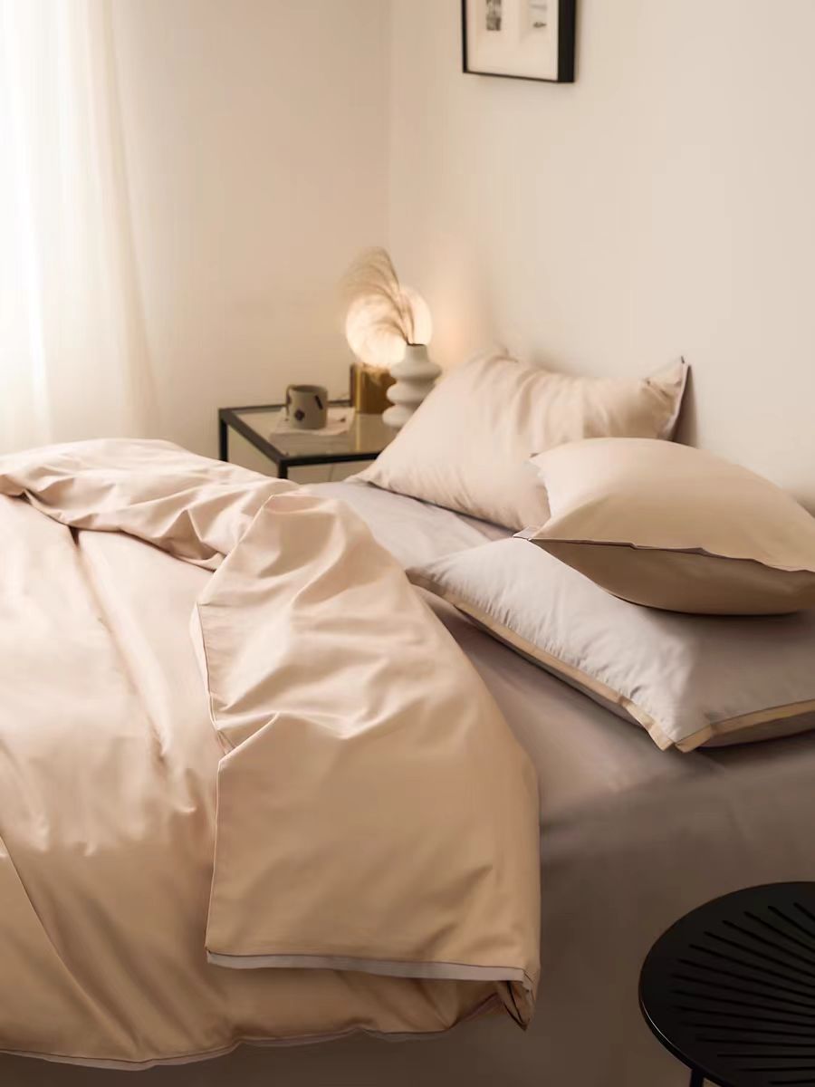 Estilo nórdico 100S algodón de cuatro piezas de satén de algodón de fibra larga algodón de cuatro piezas de algodón puro simple funda de edredón de cama de color sólido sábana