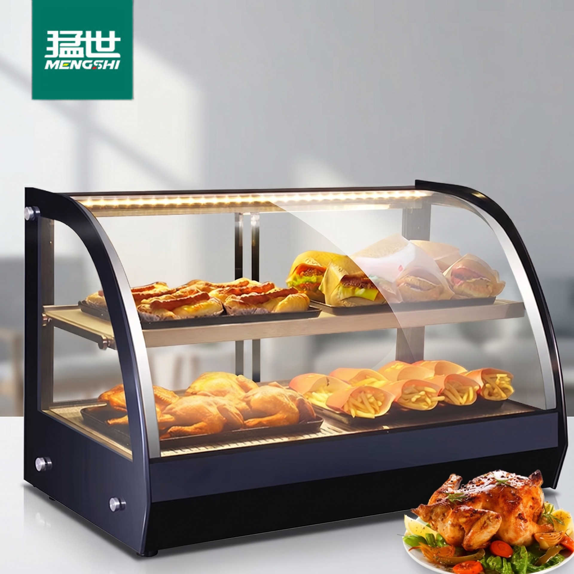 Hamburguesa de pollo frito de Mengshi, gabinete de almacenamiento térmico comercial, gabinete de cocina, temperatura constante de calentamiento, tartas de pastel, paneles de pan, alimentos, tienda de desayuno, gabinete térmico