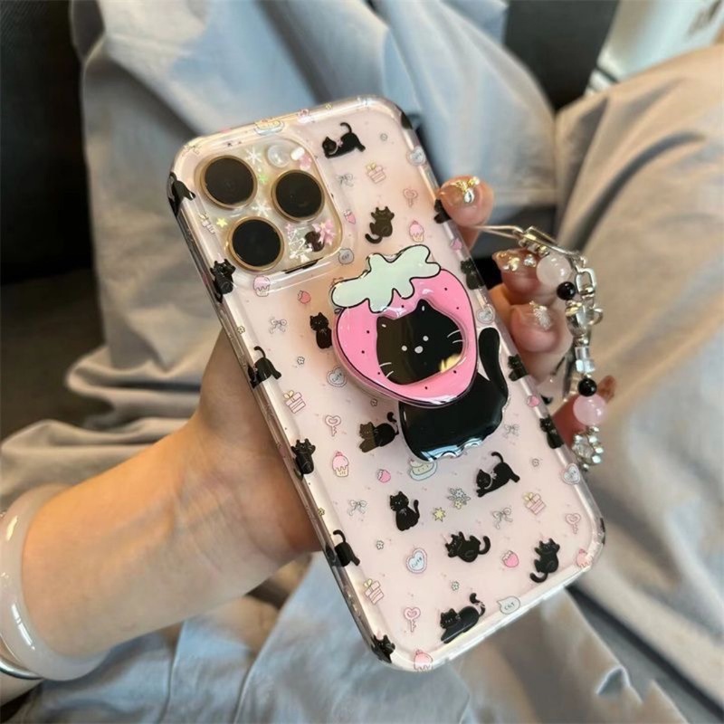 韩系草莓小黑猫支架链条适用iPhone16promax苹果15手机壳14新款13|undefined