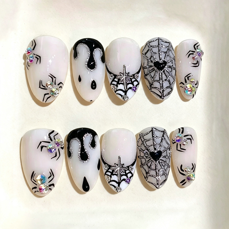 30 pieces of cross-border Halloween-themed, dark spiderweb-patterned, gold-leaf almond-shaped nail tips, featuring high-quality, sparkling rhinestones 30 pieces of cross-border Halloween-themed, dark spiderweb-patterned, gold-leaf almond-shaped nail tips, featuring high-quality, sparkling rhinestones