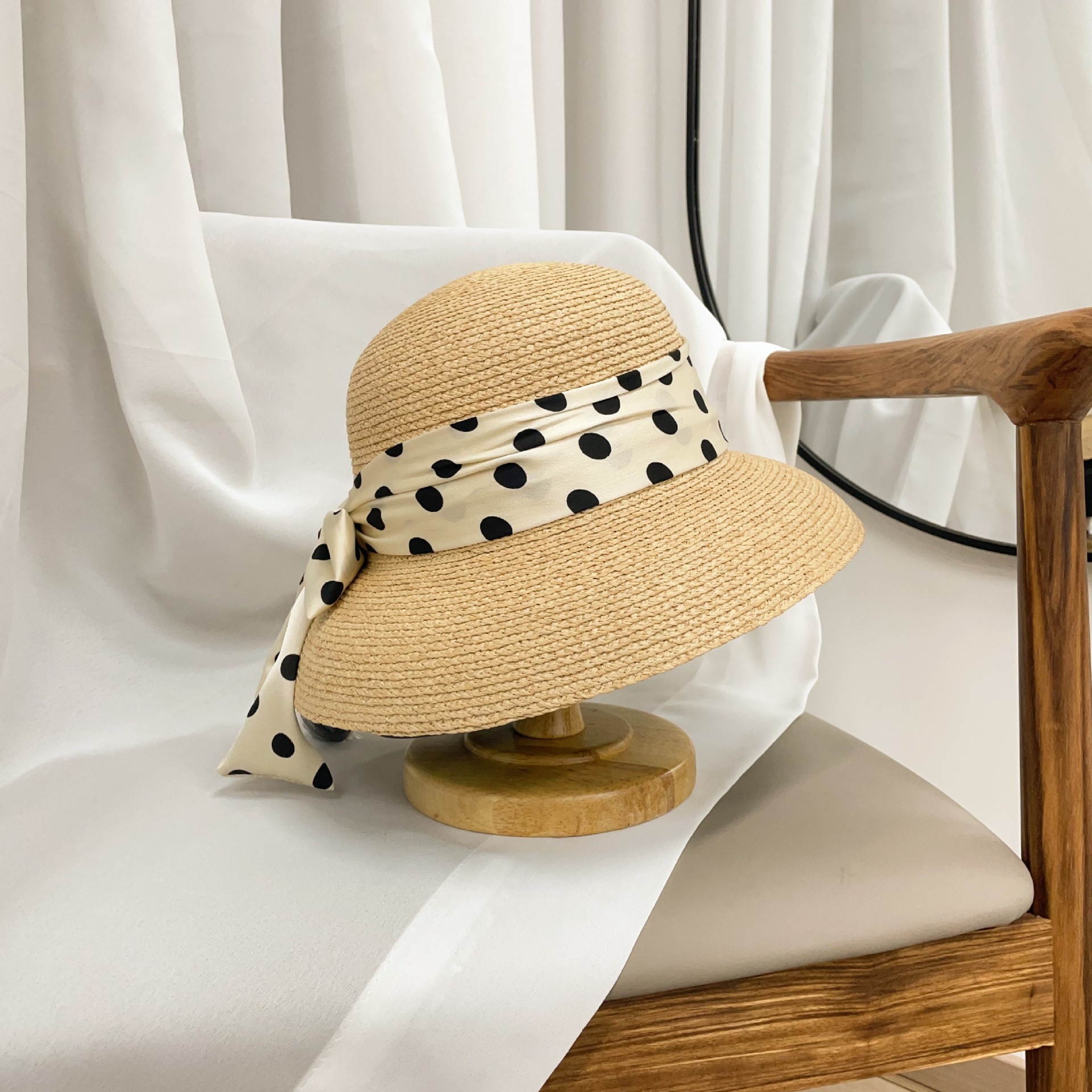 Cappello di paglia vintage stile hepburn per donna con fiocco_voghion.com