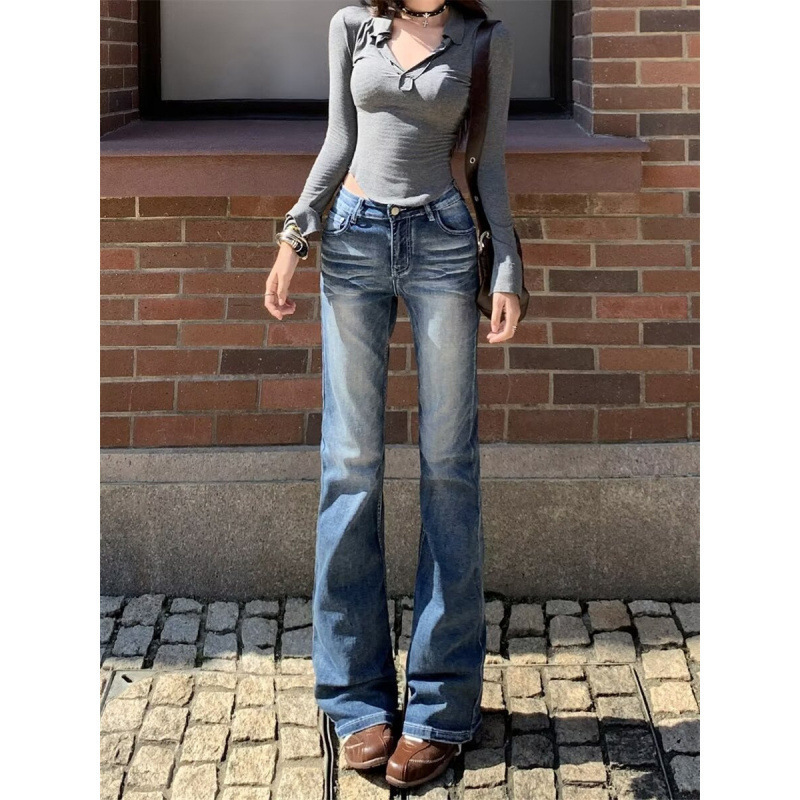 Low-waisted distressed ripped bootcut jeans for women, summer vintage slim-fit micro-flare pants for petite women, low-rise long pants Low-waisted distressed ripped bootcut jeans for women, summer vintage slim-fit micro-flare pants for petite women, low-rise long pants
