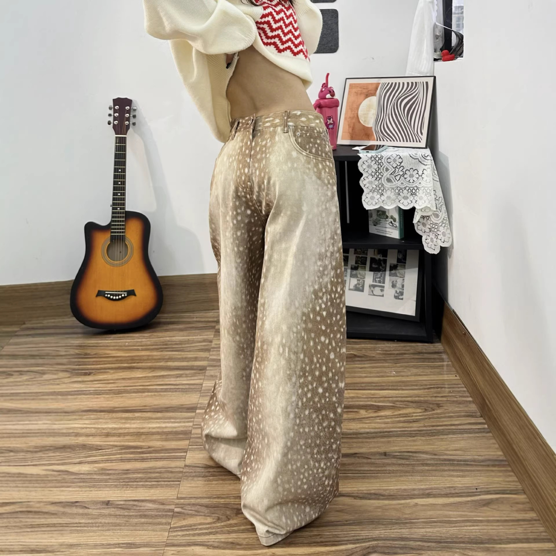 Women's Clothing Women's Retro Deer Print Wide Leg Jeans Loose Fit Floor Length Spring Style For Formal & Casual For Women_voghion.com