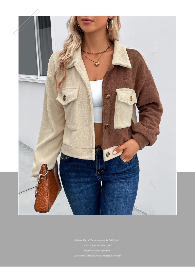 Autumn and Winter Contrast Color Block Jacket Lapel Short Jacket Polar Fleece Jacket_voghion.com