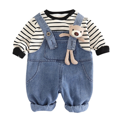 Boys' Autumn Outfit Set Trendy  New Girl's Clothing Baby Children Striped Long Sleeve Belted Two-Piece Set