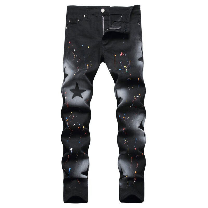 Cross-Border Supply of Men's Black Denim Star-Printed High-Gloss Spray-Painted Street Fashion Stylish Slim-Fit Stretch Skinny Jeans