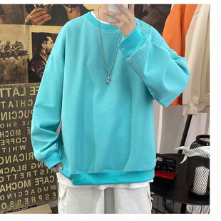 Autumn New style outerwear solid color fleece-lined sweater men's casual loose Hong Kong style trendy brand round neck long sleeve top clothes