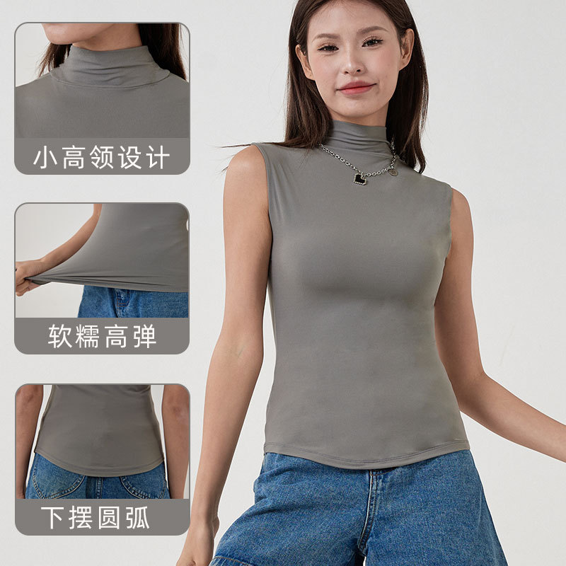 2024 nueva camisa de fondo suave de nube de doble capa sin mangas de cuello alto, camisa de fitness deportiva de yoga elástica ajustada