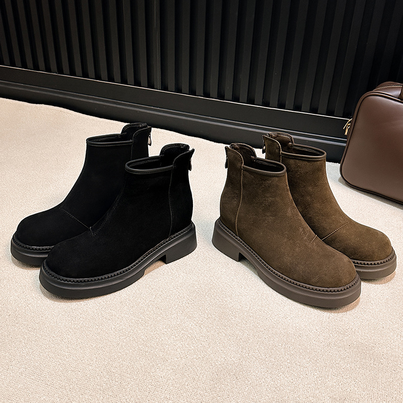 牛皮版~现货内增8cm短靴女2025年秋季新款百搭磨砂皮厚底马丁靴