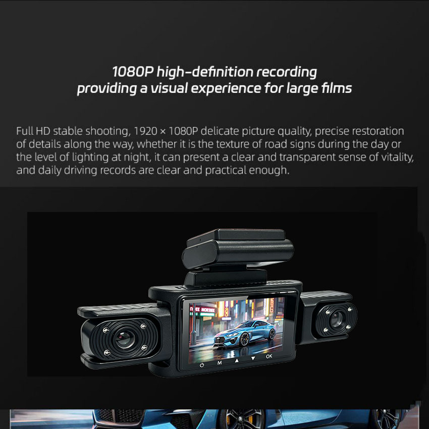Four-lens dashcam with high-definition night vision, radar, anti-collision features, sentinel mode, and parking monitoring