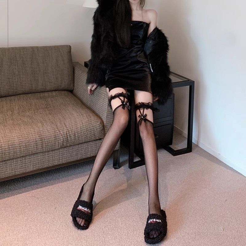 Japanese Style Second Dimension Leg Ring Silk Stockings Fishing Net High-rise Lace Sling Black Bow Lori Knee-over-Knee Stockings Cute