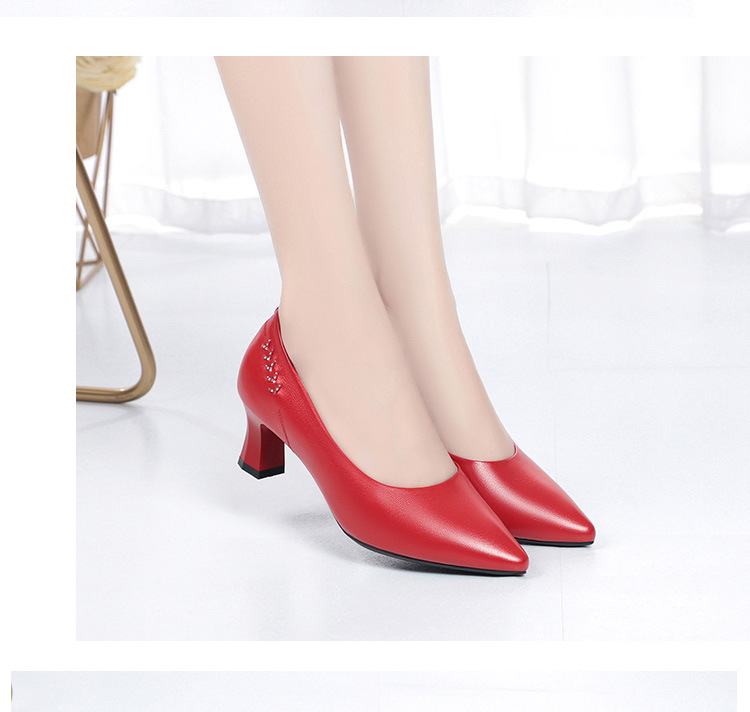 Giày cao gót nữ mũi nhọn da thật gót thô chống trượt — Màu be chi tiết 17