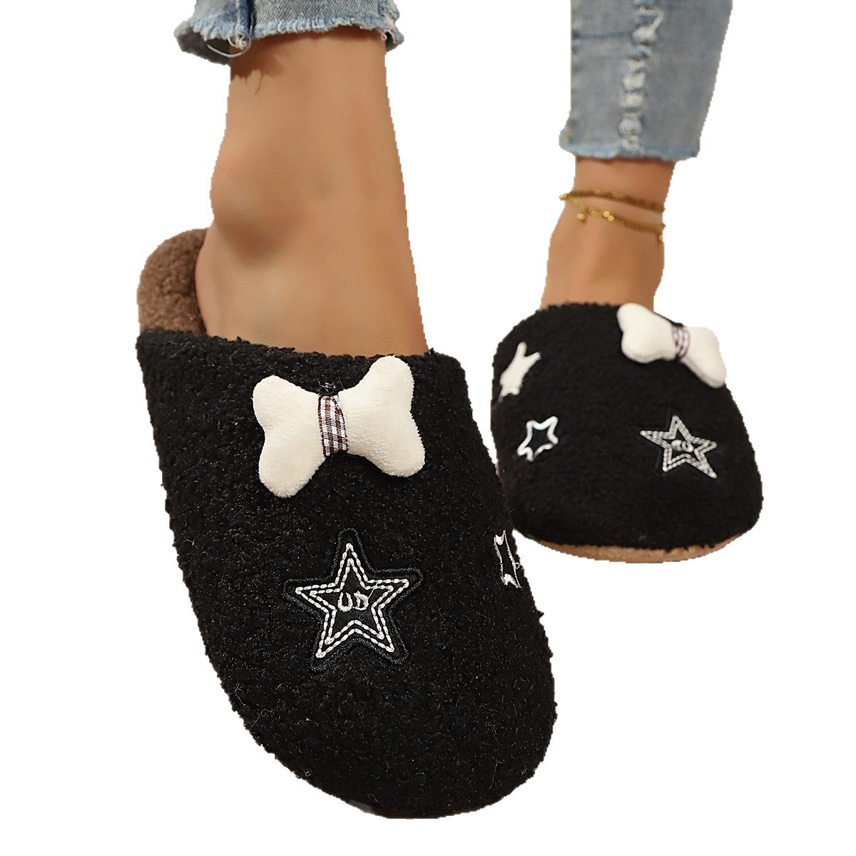 Muebles zapatos de algodón zapatillas peludas mujeres otoño invierno patrón de estrellas para el exterior antideslizante interior zapatos peludos de casa image 6