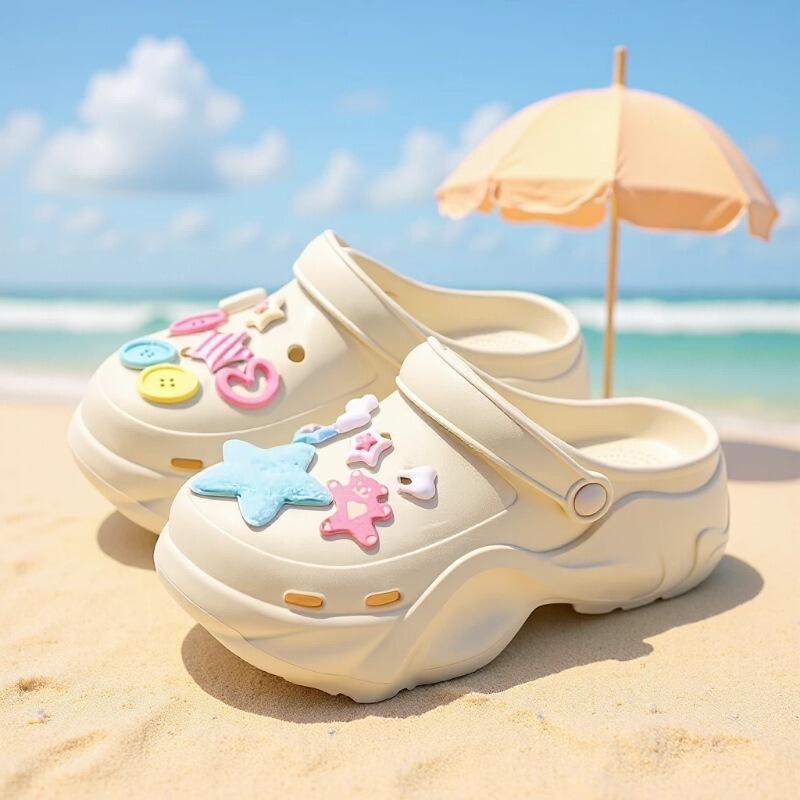 Factory Direct Sales Wholesale Cute Pvc Clogs for Women, Thickened and Height-Increasing, Summer Outdoor Wear, Closed-Toe, Beach, Odor-Resistant, Cartoon Design