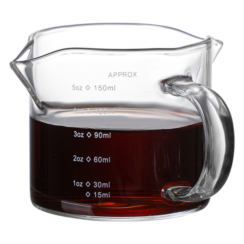Resistente al calor doble boquilla de agua pequeña taza de leche taza de medición de vidrio de borosilicato con mango de escala 75ml 150ml taza de café concentrada