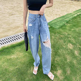 2022春夏季新品破洞印花宽松直筒牛仔裤女Women Jeans