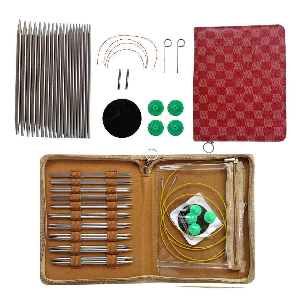 Herramientas de tejido aguja de lana aguja de suéter de acero inoxidable desmontable aguja de anillo un conjunto de 10 paquetes cuadrados PU
