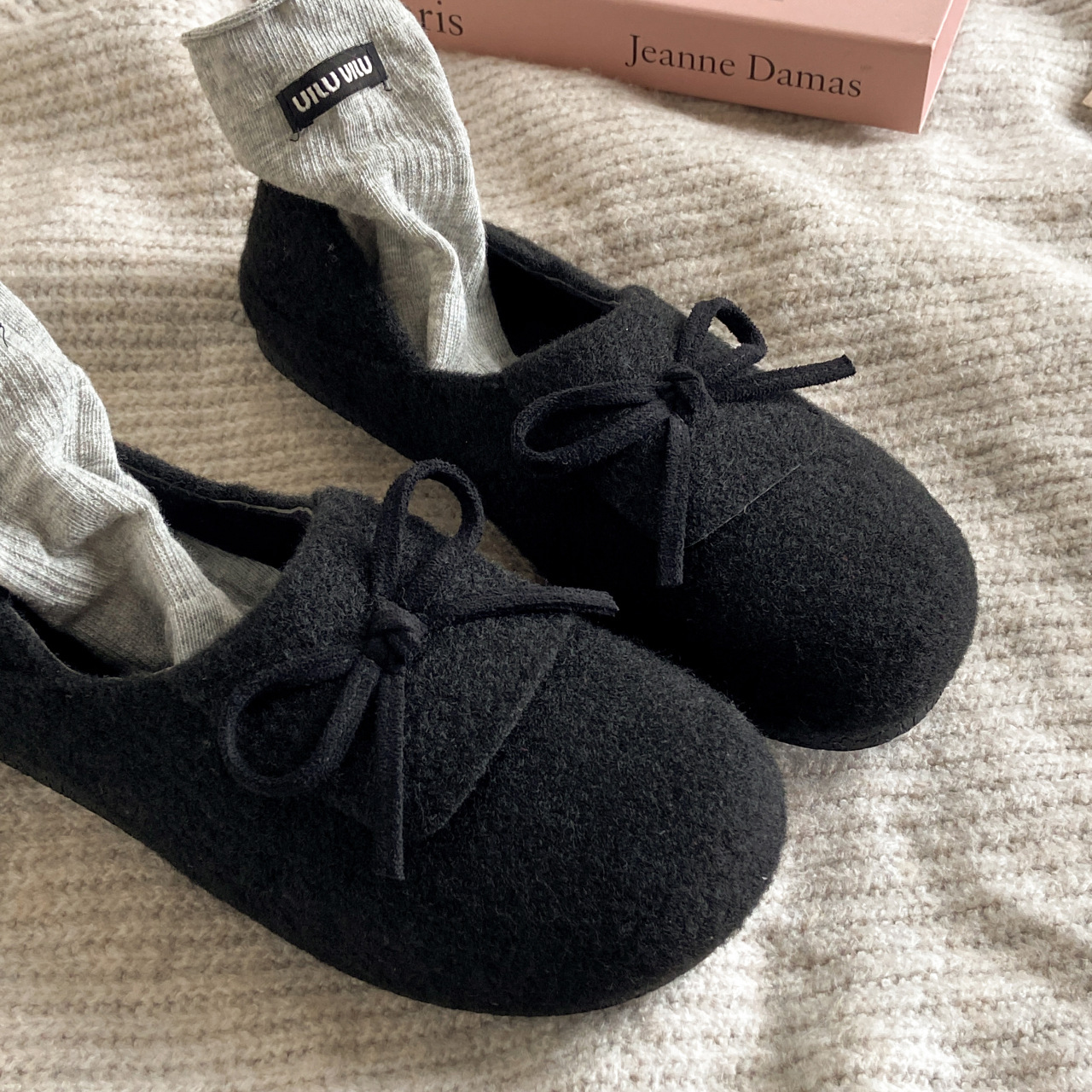 Bow-knot literary retro plus velvet protective color women's woolen…