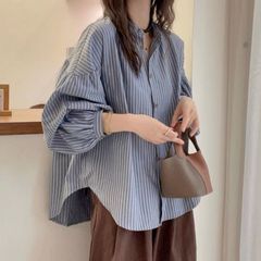 秋款条纹灯笼袖宽松衬衫休闲小外套宽松显瘦日系气质小立领上衣女