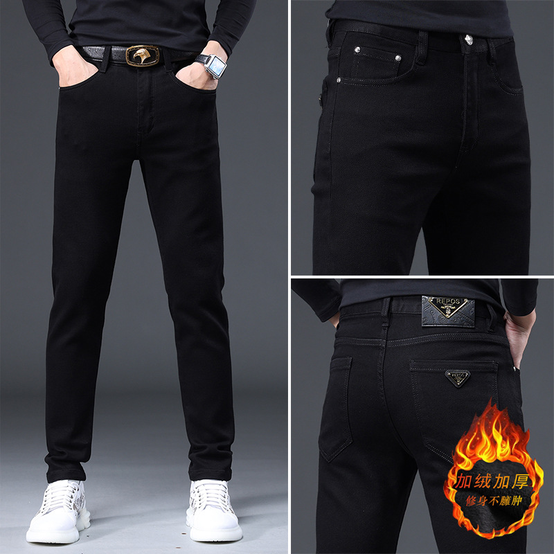 轻奢欧货2022新款黑色牛仔裤男秋冬加绒休闲弹力潮牌修身小脚裤男|ru