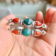 尼泊尔民族风银饰手工镶嵌高档绿松石手镯藏族首饰复古新款时尚