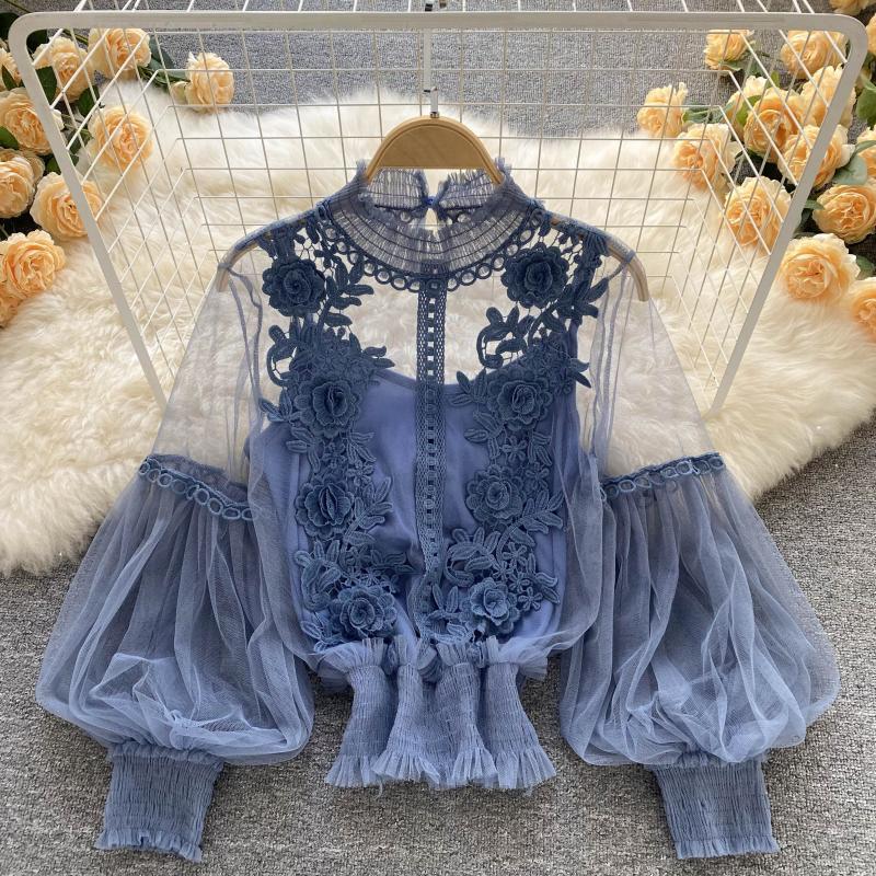 Design Sense Niche Three-dimensional Flower Collage Perspective Mesh Lantern Sleeve Slim-fit Short Top Women's Lace Base Shirt Design Sense Niche Three-dimensional Flower Collage Perspective Mesh Lantern Sleeve Slim-fit Short Top Women's Lace Base Shirt