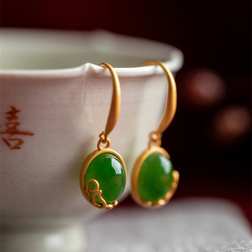 Jewelry live supply court-style design ancient style gold-plated temperament lady earrings with jade inlay from Hetian jade