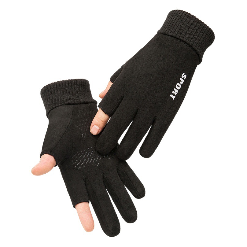 Guantes de gamuza de invierno deportes equitación motocicleta medio dedo forrado de lana engrosada fuga de dos dedos guantes calientes de los hombres al por mayor