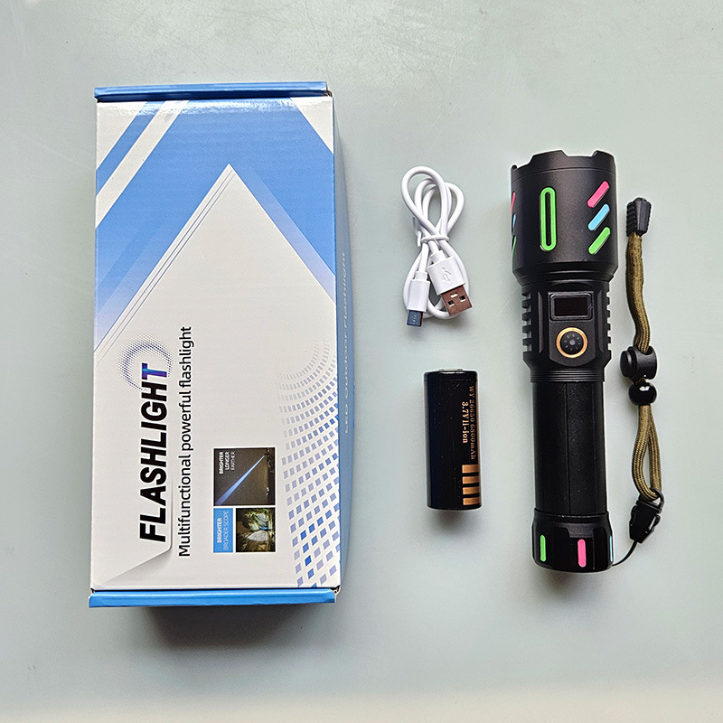 Nuevo suministro transfronterizo linterna láser blanca zoom inundación de largo alcance decoración fluorescente recargable aluminio lámpara LED