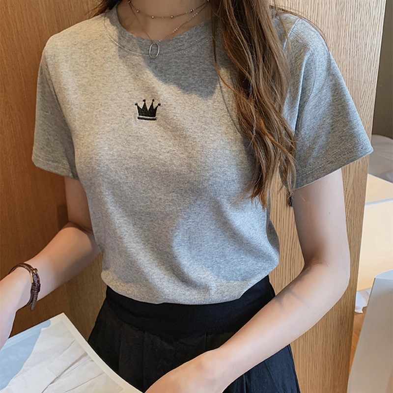 2025夏季新款修身刺绣圆领短袖T恤女装学生女士打底上衣一件代发|undefined