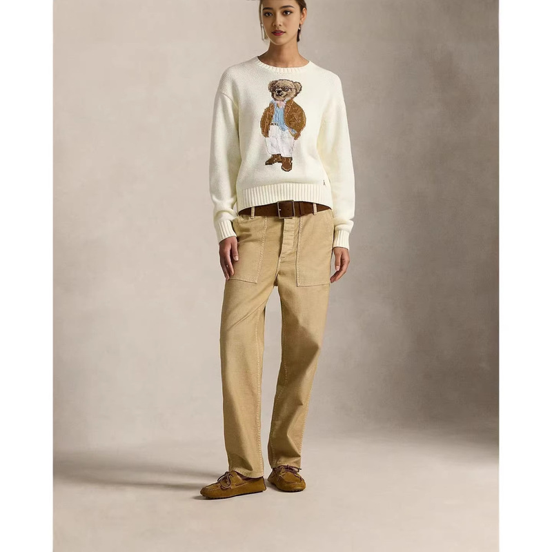 Cross-Border High-Quality Bear-Themed Embroidered Women's Loose-Fitting Cotton Crew Neck Knitwear with Qr Code