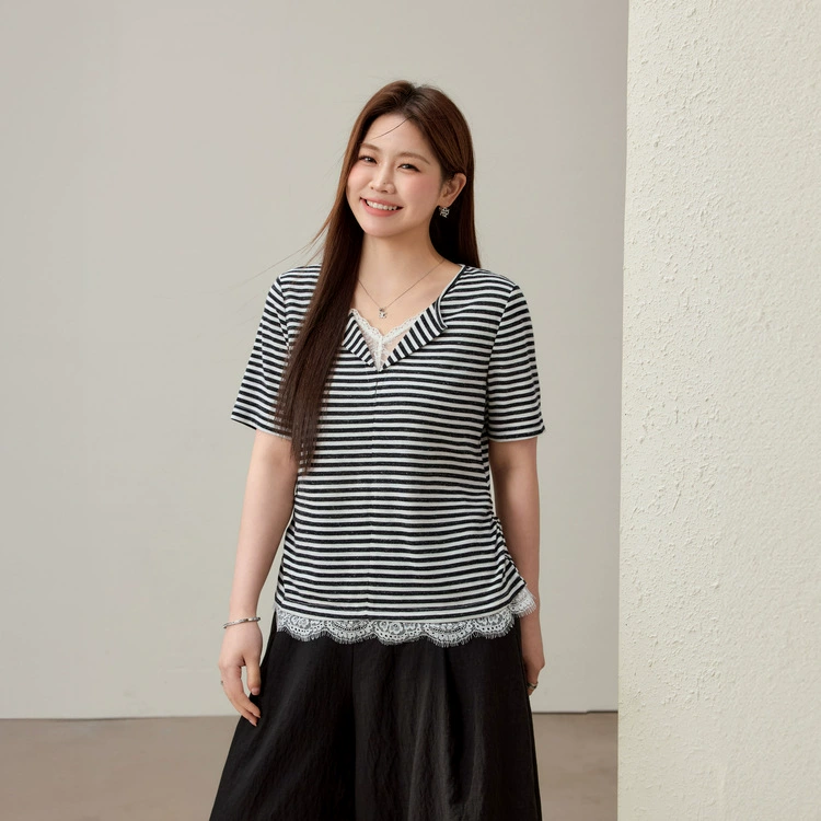 Модная полосатая дизайнерская кружевная лоскутная универсальная футболка больших размеров, женская одежда на лето, новый стиль