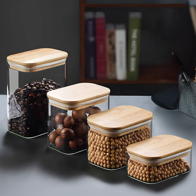 Tanque sellado de vidrio Tanque de almacenamiento cuadrado de vidrio con alto contenido de borosilicato Tanque de almacenamiento de vidrio transparente transfronterizo de granos integrales de cocina