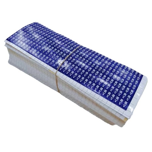 Prescription glasses with oval white-background black-lettering stickers and square blue-background white-lettering stickers, non-drying adhesive label for glasses case