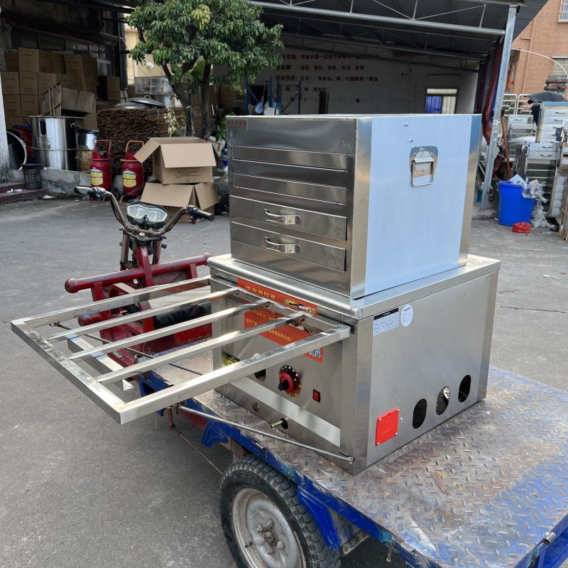 Longjingding modelo de coche de tres ruedas máquina de salchichas de gas vapor comercial multifuncional horno de salchichas de vapor de desayuno cabina completa