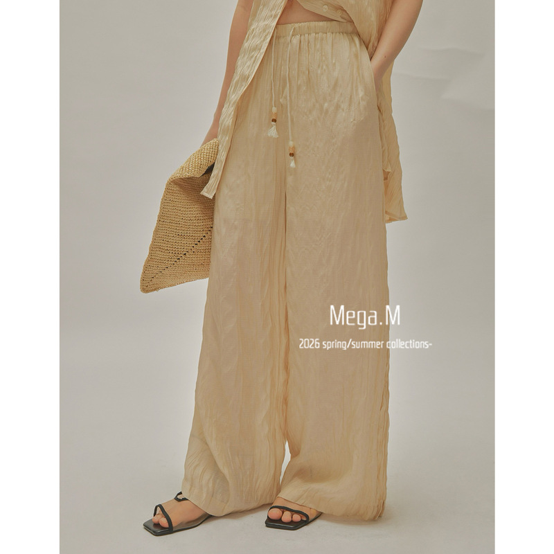 Margemeng Summer Women's New Style Long Pants 2026 Korean High-Waisted Retro Casual Loose Wide-Leg Pants