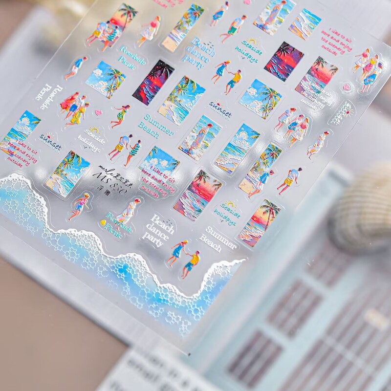 Tomoni Nail Art Relief Ins Oil Painting Style Summer Surfing Beach Ocean Romantic Sunset Nail Stickers